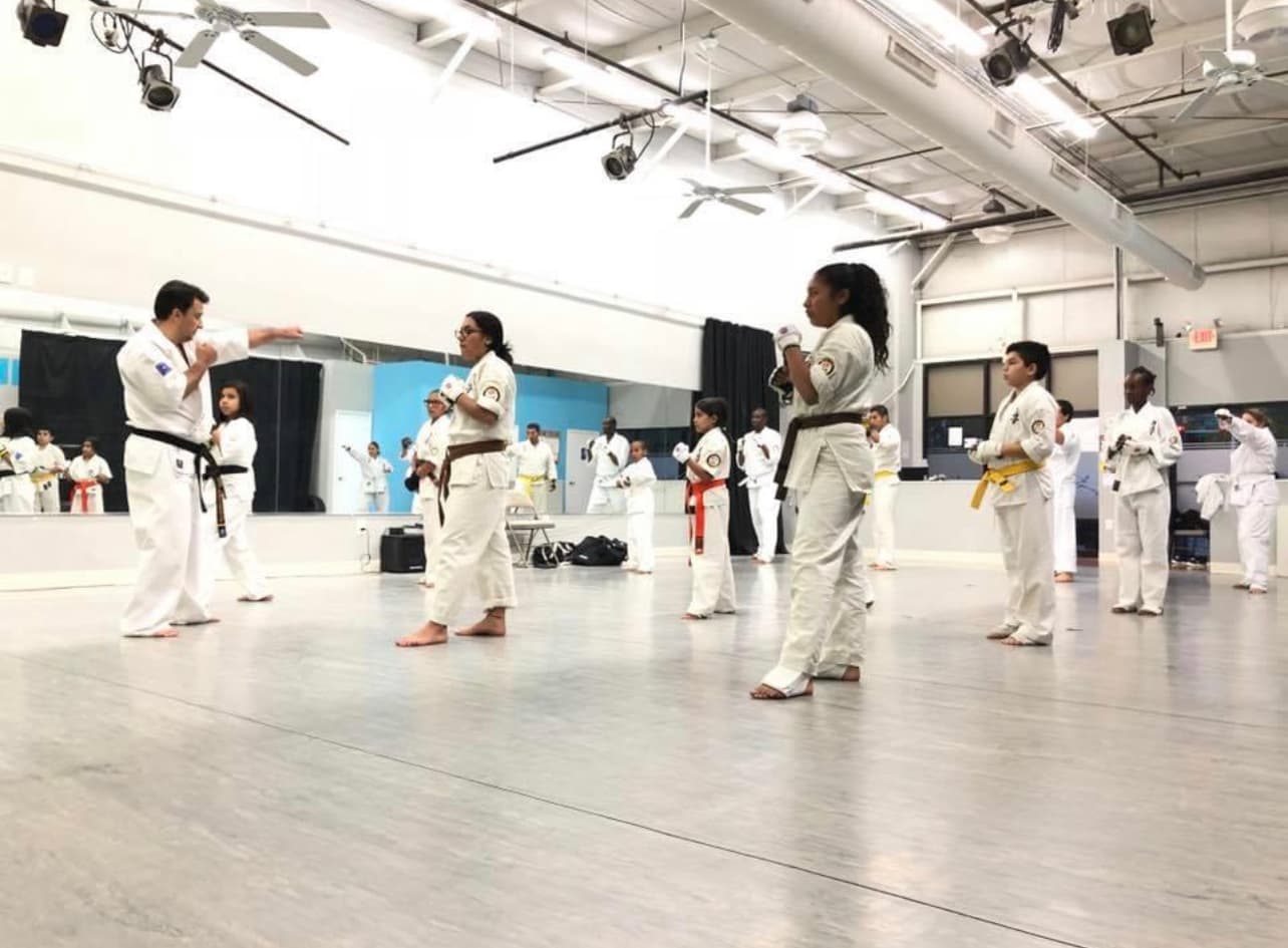 Karate students practicing forms in Gaithersburg Maryland